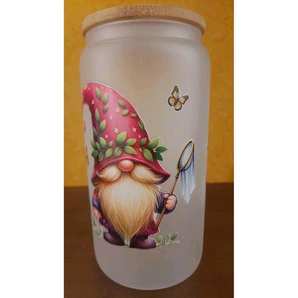 Gnomes Summer Catching Butterflies 12oz Frosted‎ Glass Tumbler With Straw